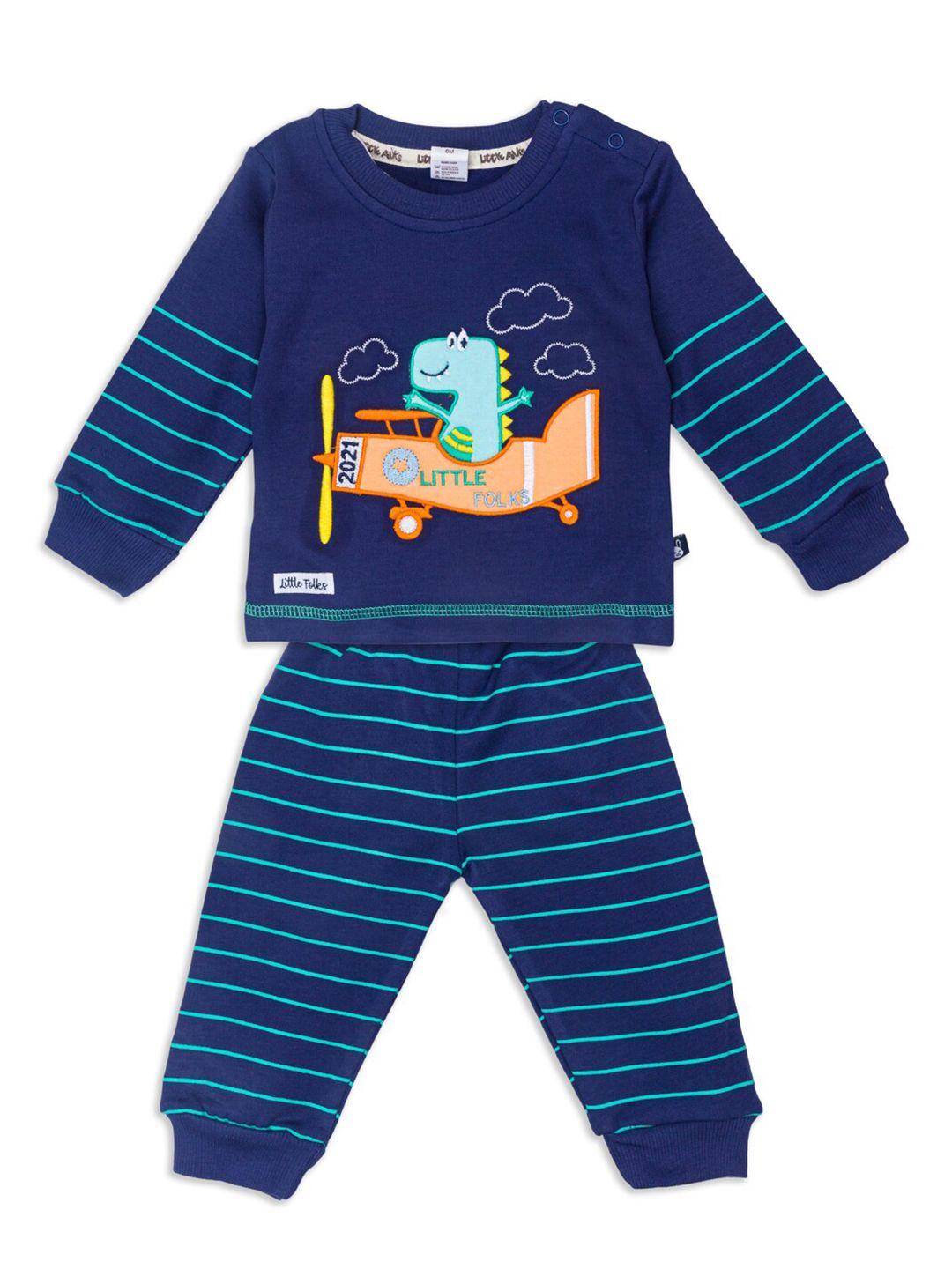 little folks unisex kids blue & green printed t-shirt with pyjamas set