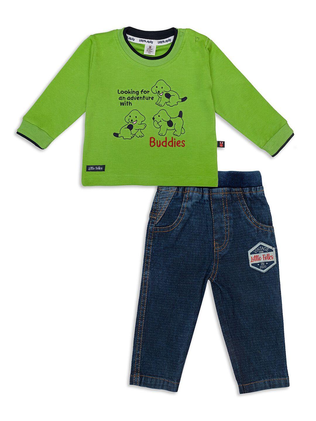little folks unisex kids green & navy blue printed pure cotton t-shirt with trousers