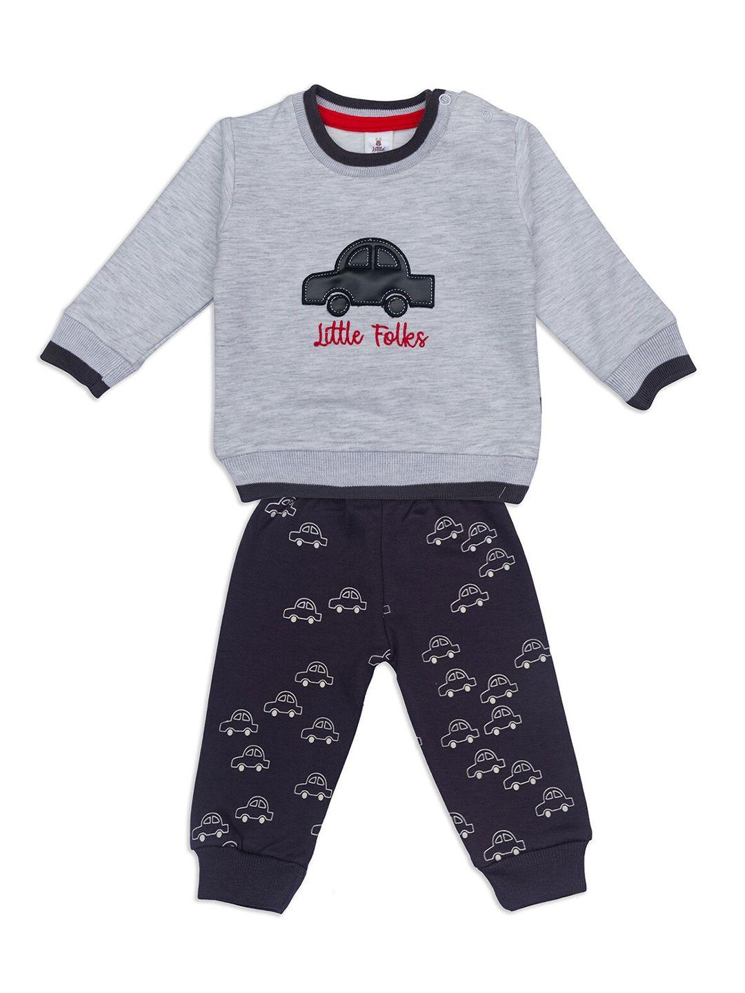 little folks unisex kids grey & navy blue printed pure cotton t-shirt with trousers