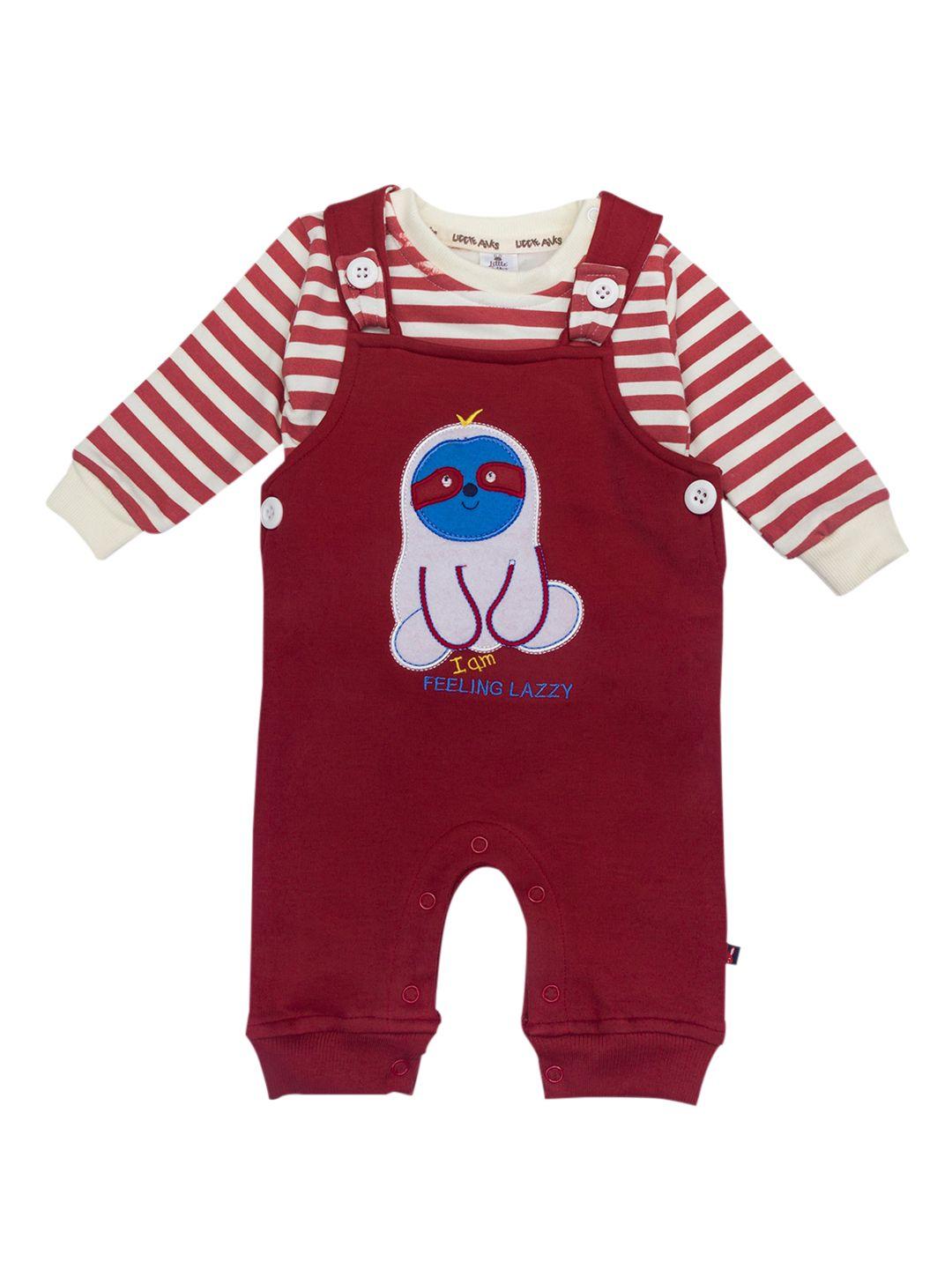 little folks unisex kids maroon & white graphic printed dungarees with t-shirt