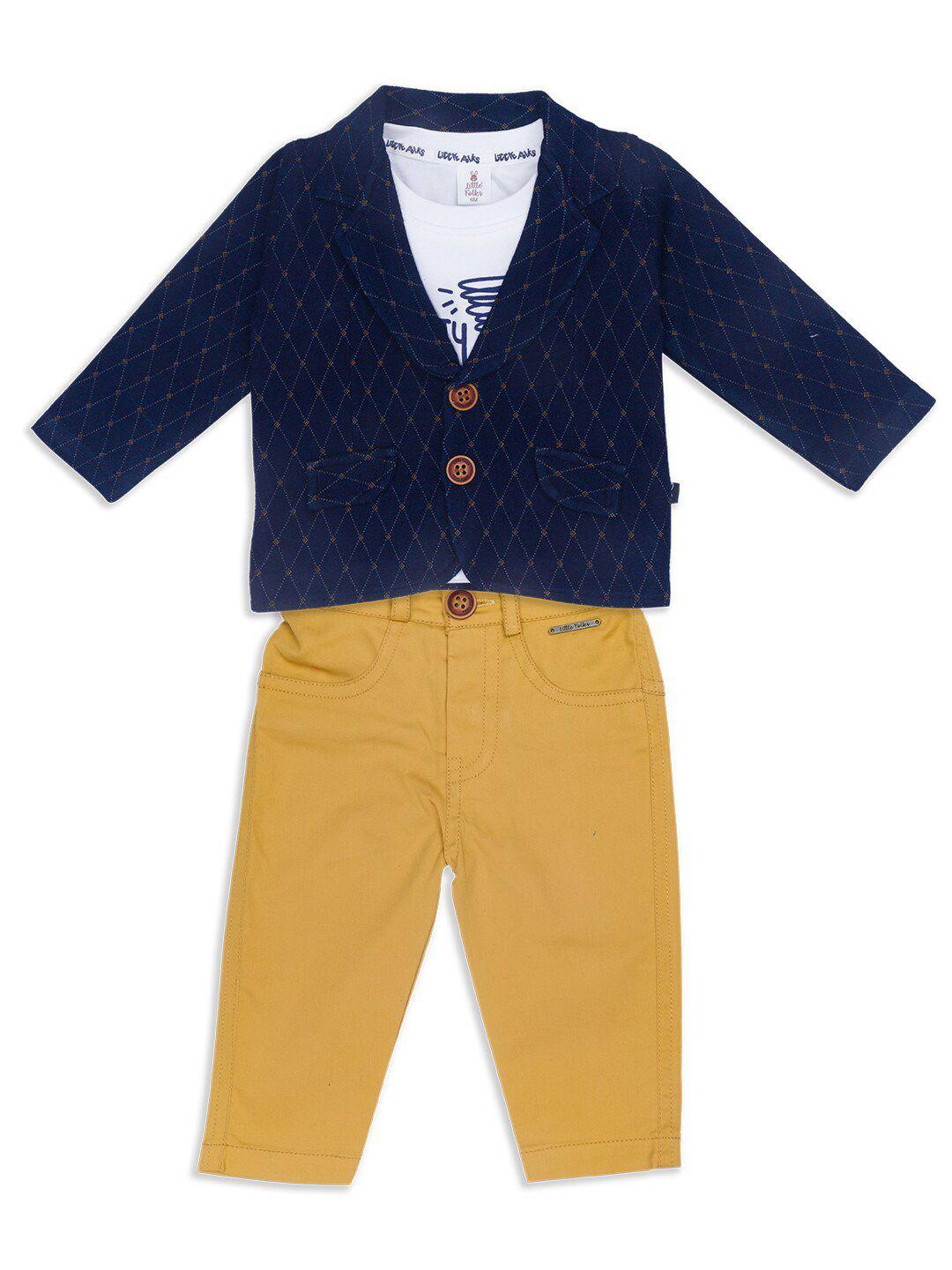 little folks unisex kids navy blue & mustard printed t-shirt with trousers & jacket