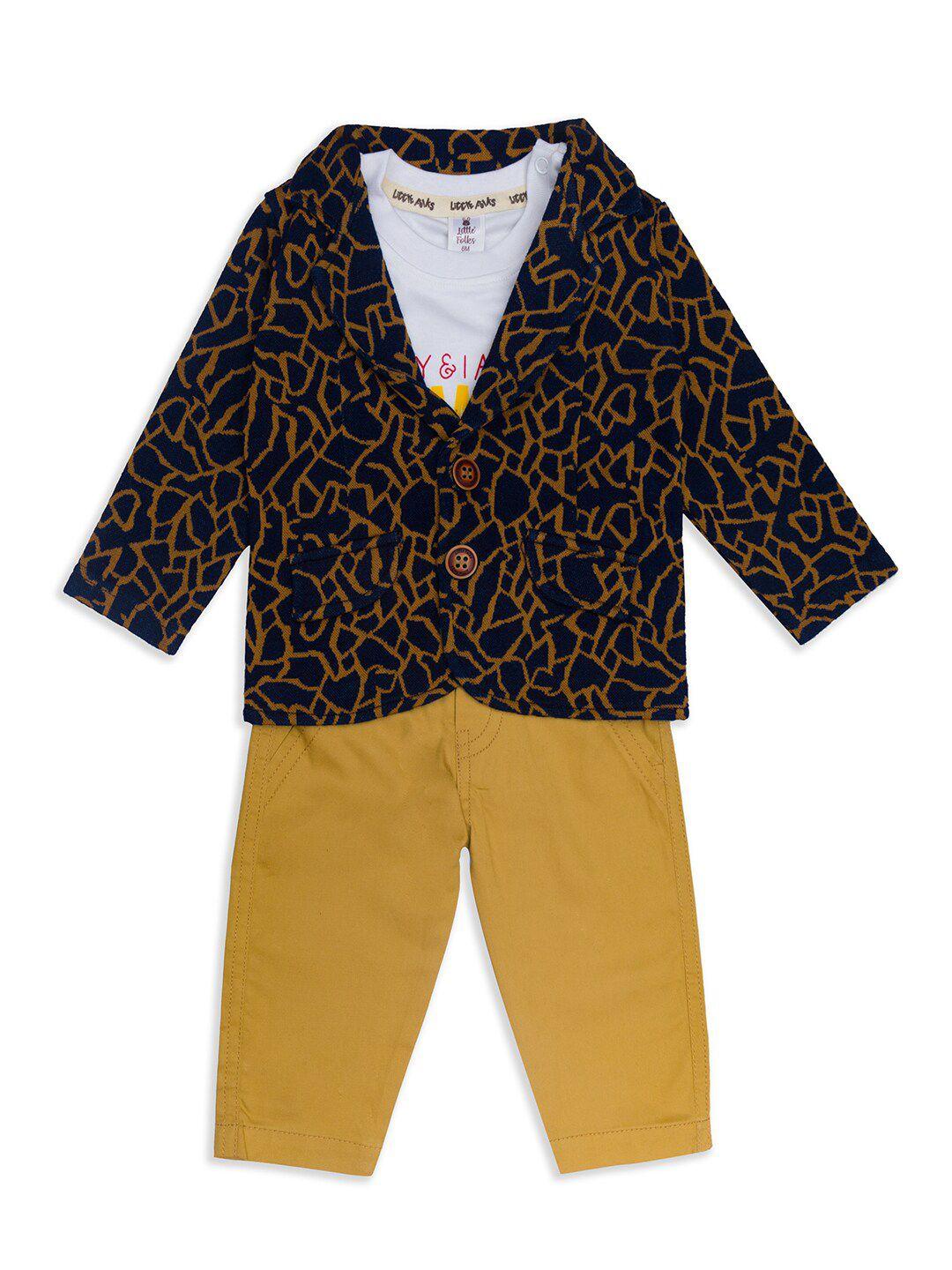 little folks unisex kids navy blue & mustard printed t-shirt with trousers with jacket