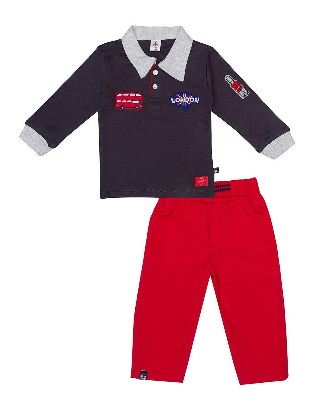 little folks unisex kids navy blue & red pure cotton printed shirt with trousers