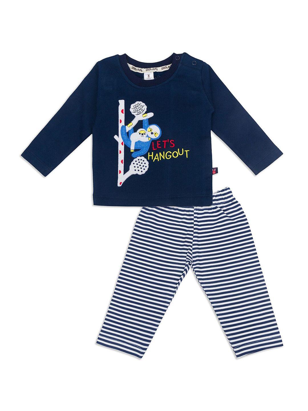 little folks unisex kids navy blue & white printed pure cotton t-shirt with trousers