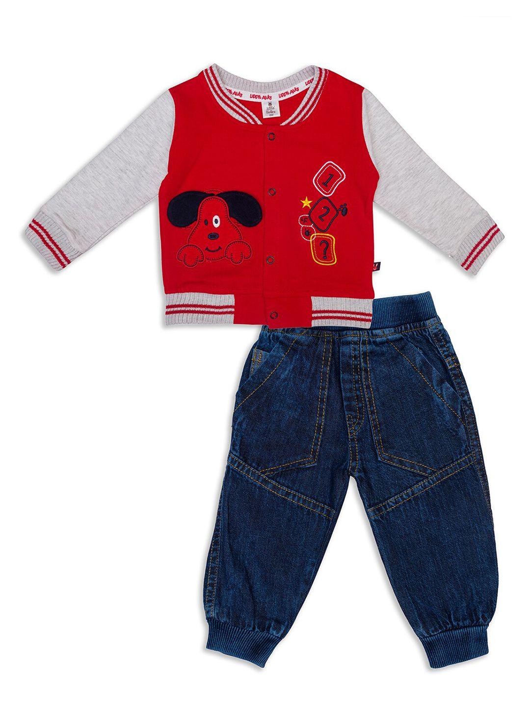 little folks unisex kids red & navy blue printed pure cotton t-shirt with trousers