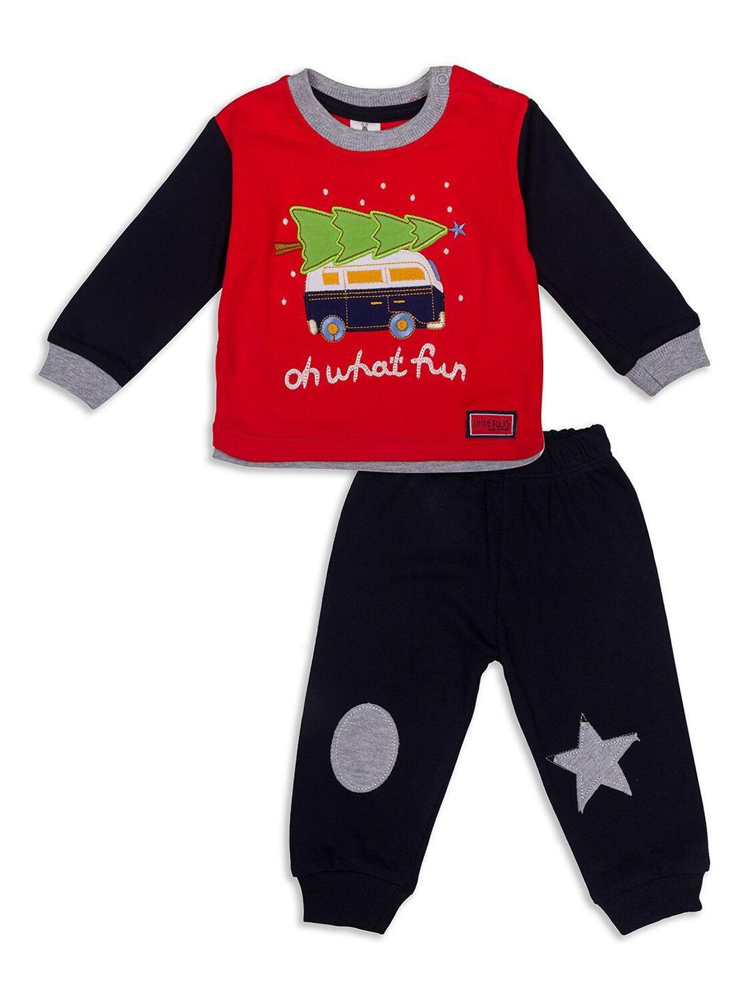 little folks unisex kids red & navy blue printed pure cotton t-shirt with trousers