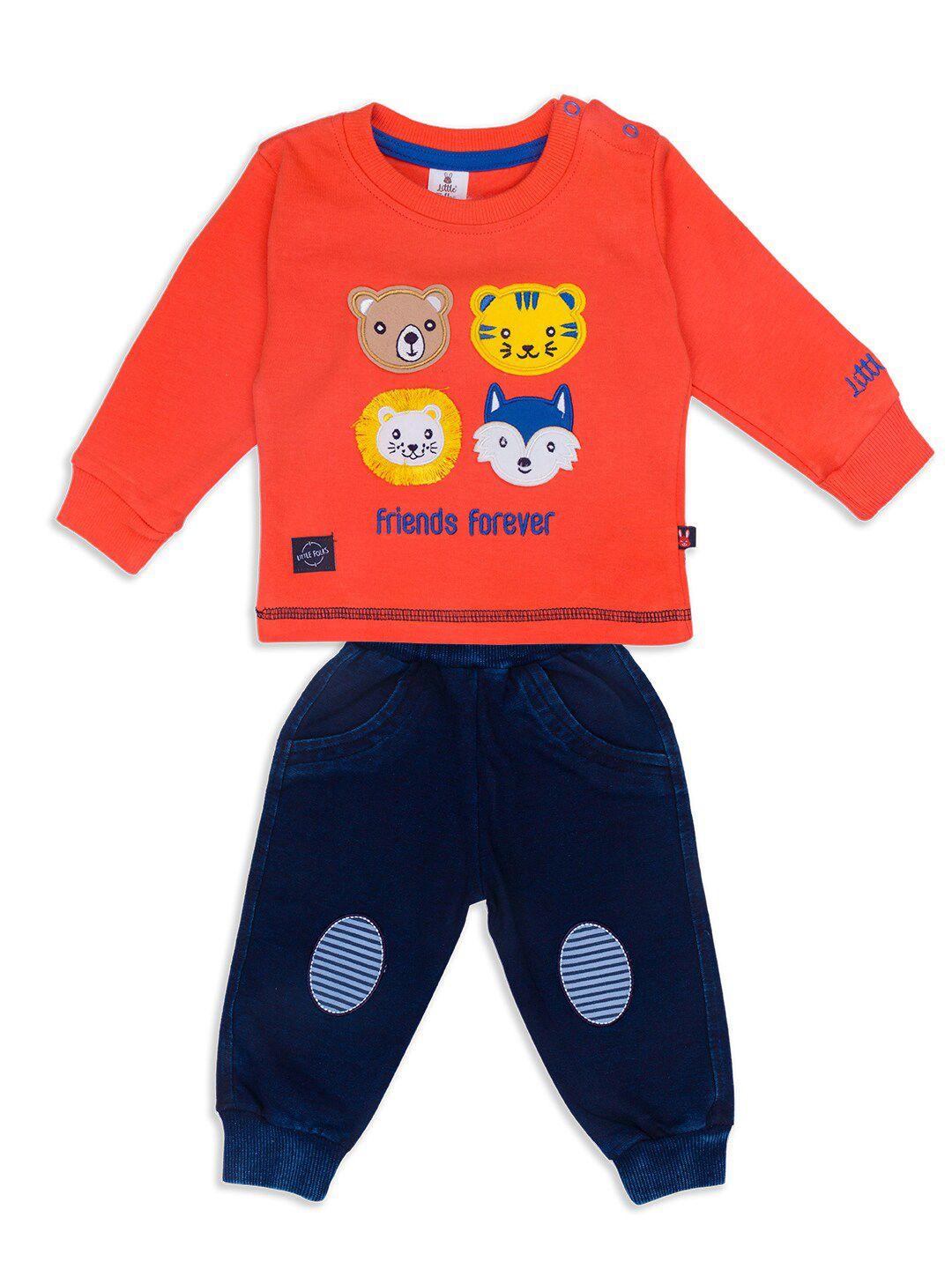 little folks unisex kids red & navy blue printed t-shirt with trousers