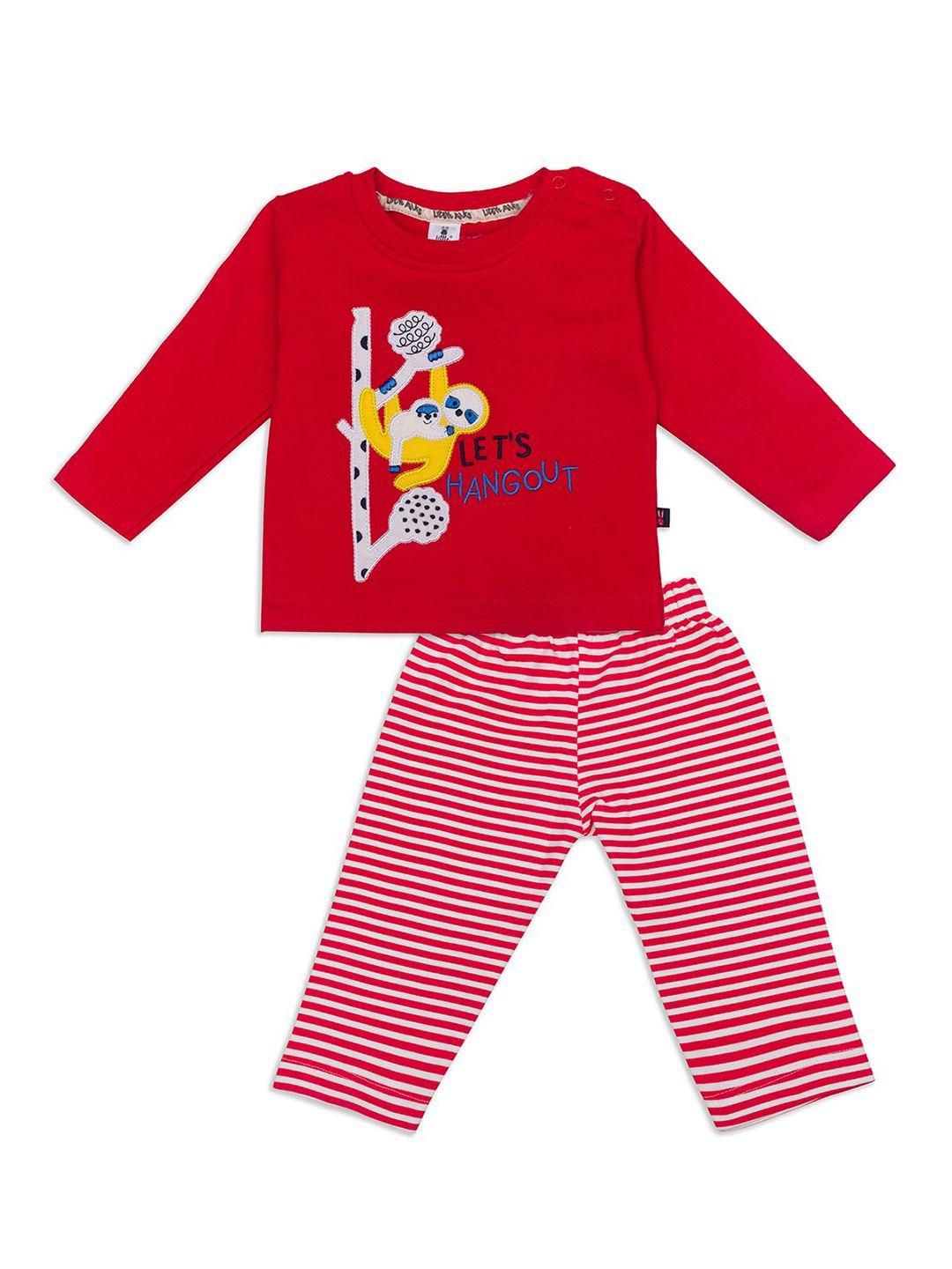 little folks unisex kids red & white printed pure cotton t-shirt with trousers
