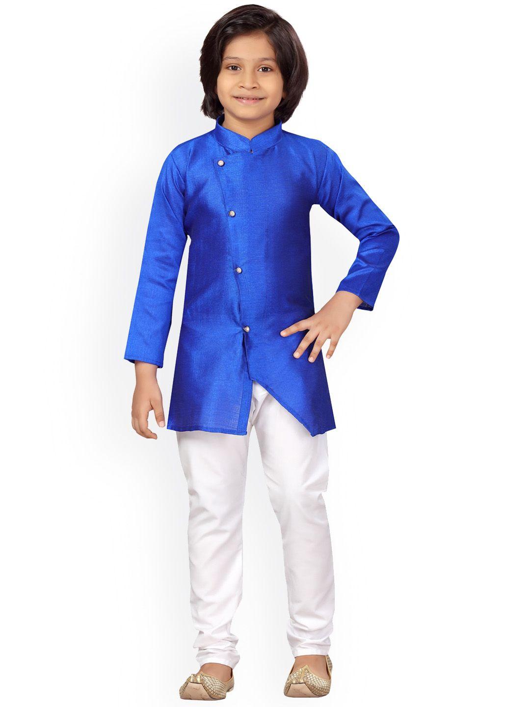 little mafia by aarika boys blue & white angrakha pure silk kurta with pyjamas
