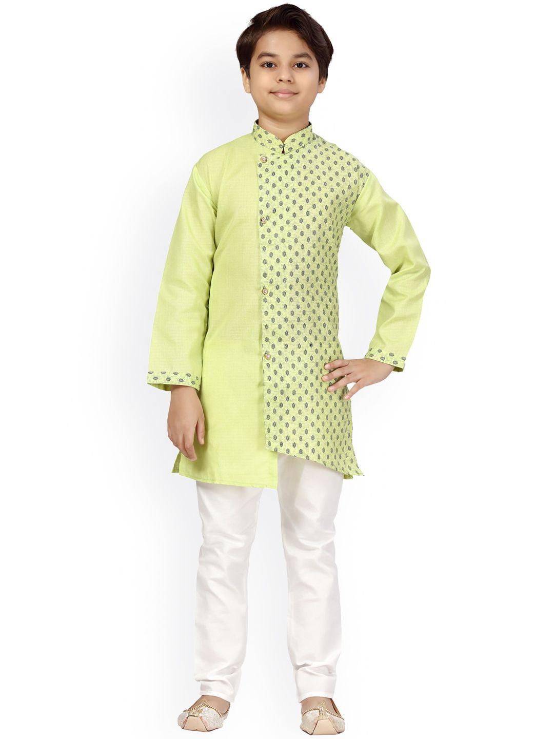 little mafia by aarika boys lime green & blue angrakha pure cotton kurta with pyjamas