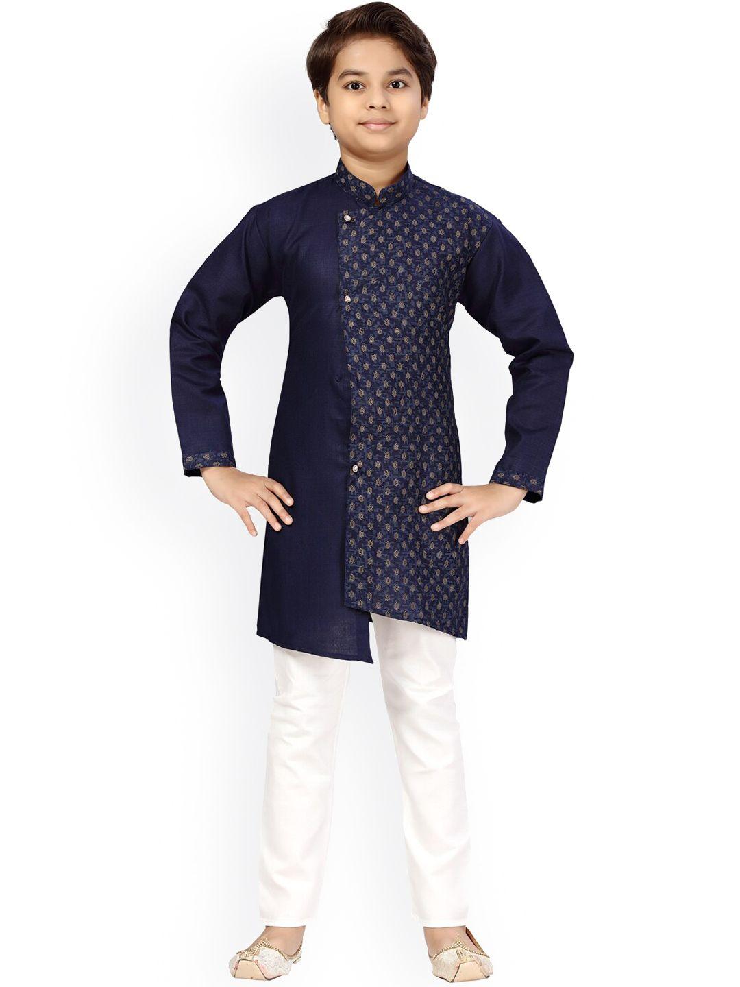 little mafia by aarika boys navy blue & white printed pure cotton kurta with pyjamas