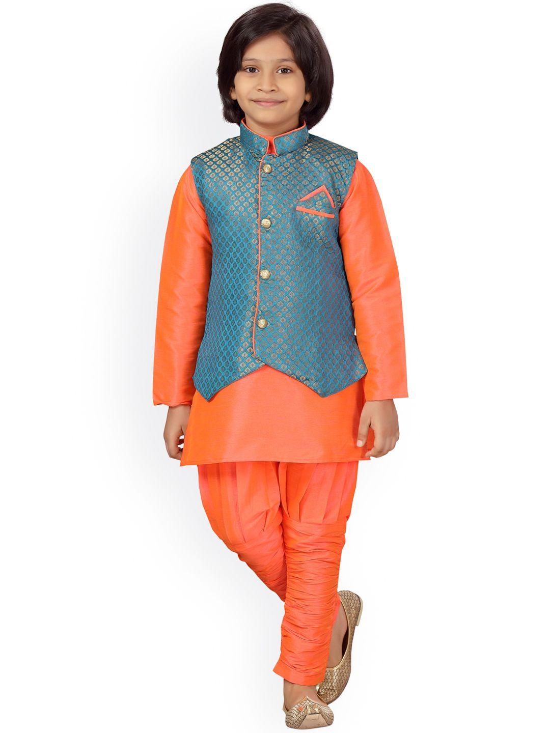 little mafia by aarika boys orange & blue pure silk kurta pyjamas with nehru jacket