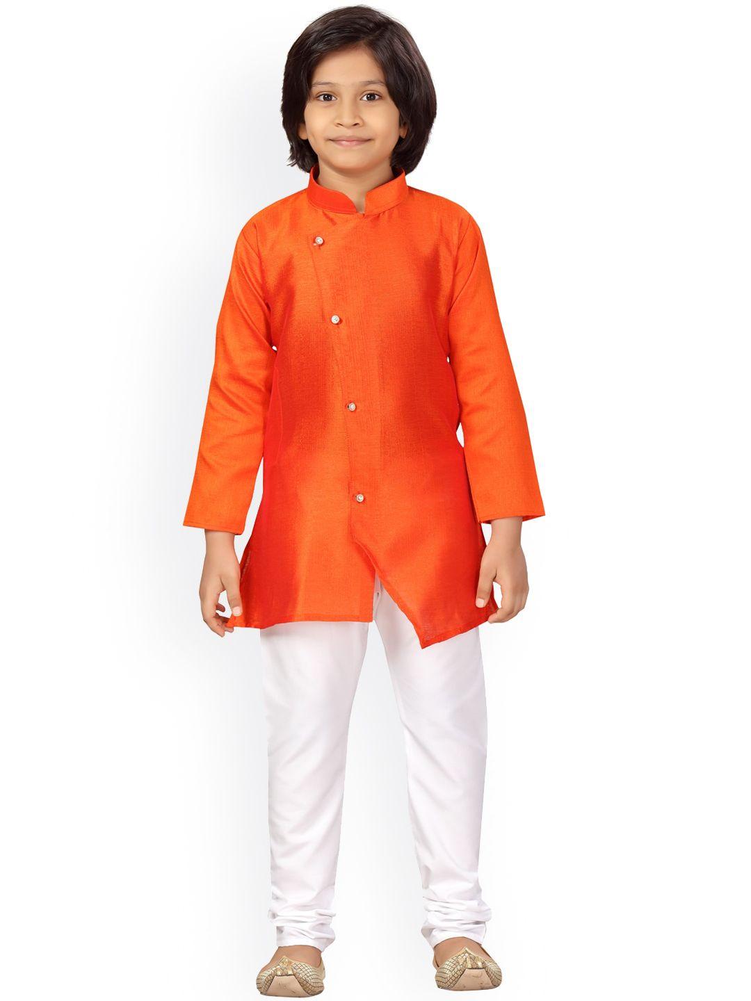 little mafia by aarika boys orange & white panelled pure silk kurta with pyjamas