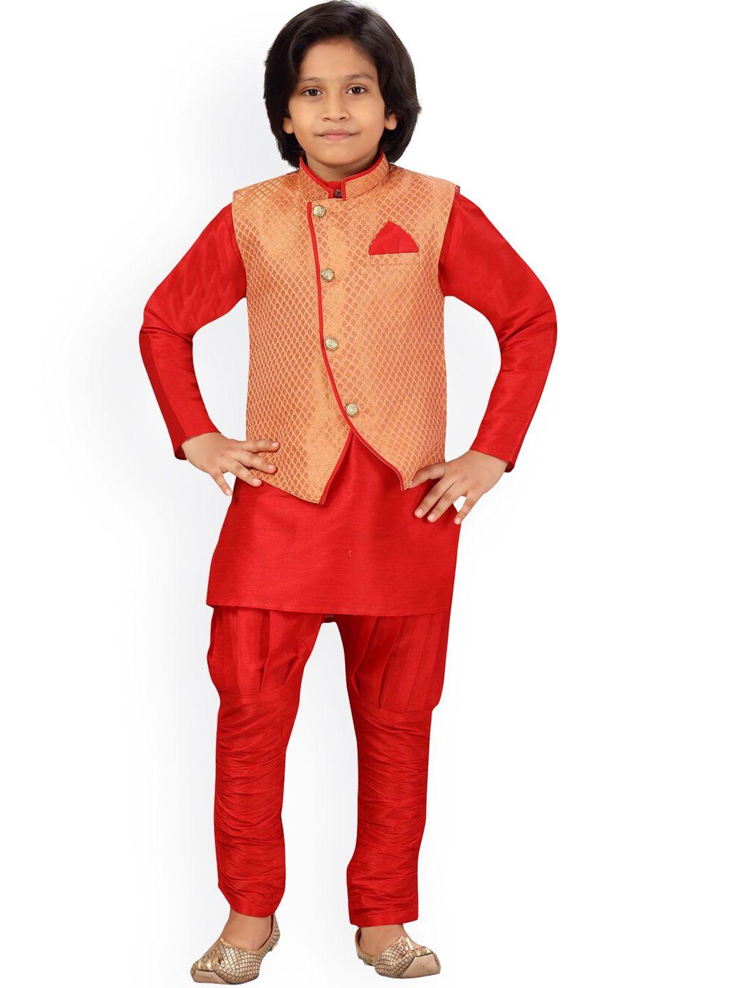 little mafia by aarika boys red regular pure silk kurta & dhoti pants with nehru jacket