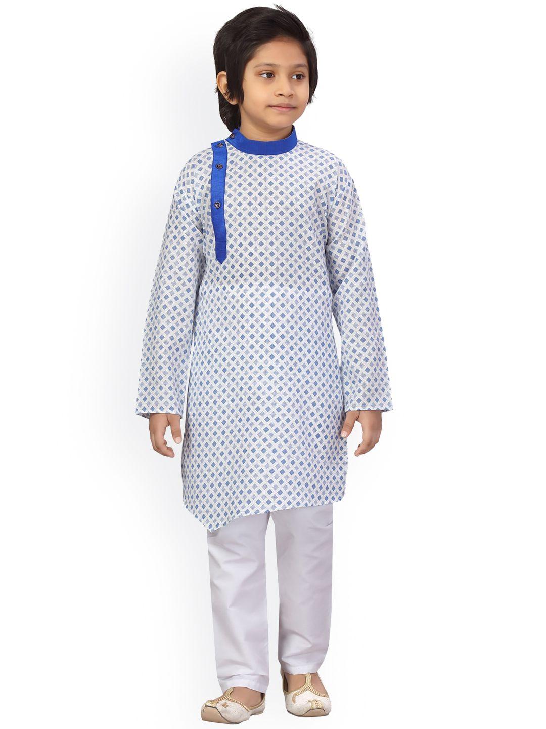 little mafia by aarika boys white & blue printed pure cotton kurta with pyjamas