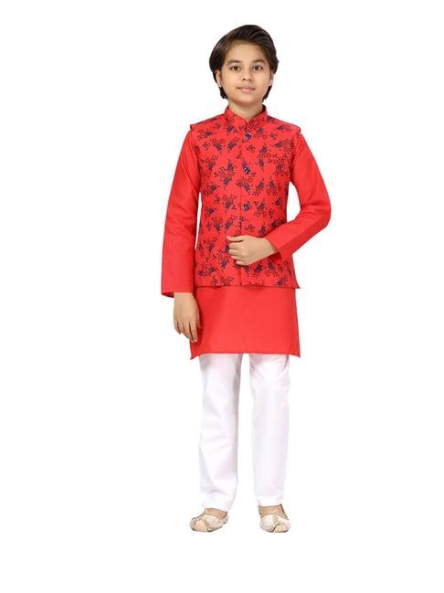 little mafia by aarika kids red & white floral print kurta, pyjamas with waistcoat