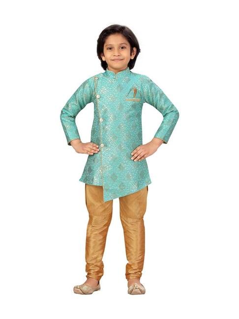 little mafia by aarika kids turquoise & gold self pattern sherwani set