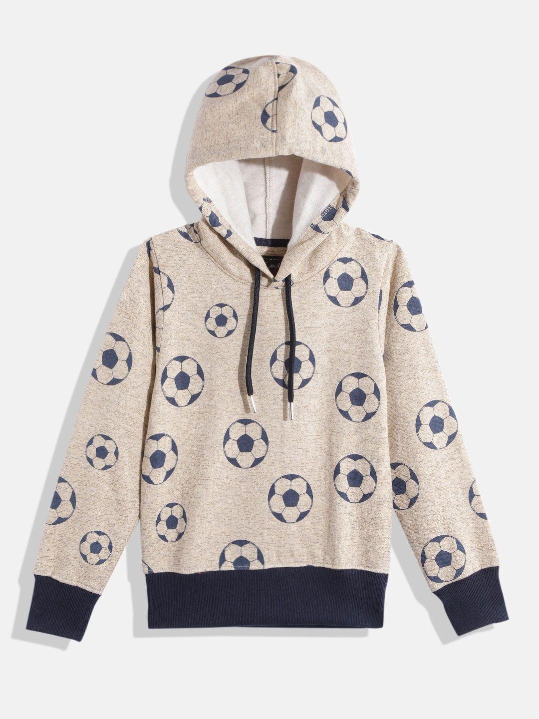 little marco boys beige melange effect & navy blue conversational print hood sweatshirt