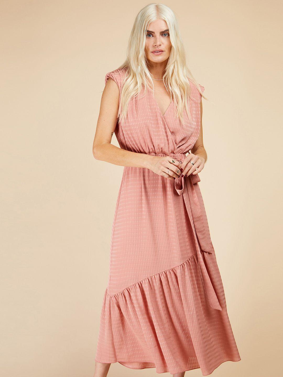 little mistress self checked mock wrap midi dress with belt