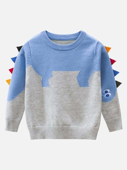 little surprise box dino grey & blue color block full sleeves sweater
