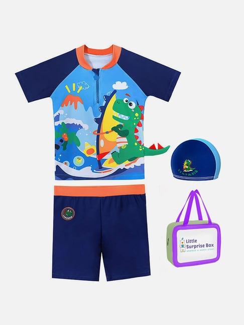 little surprise box kids blue printed t-shirt, shorts, swim cap with swim bag