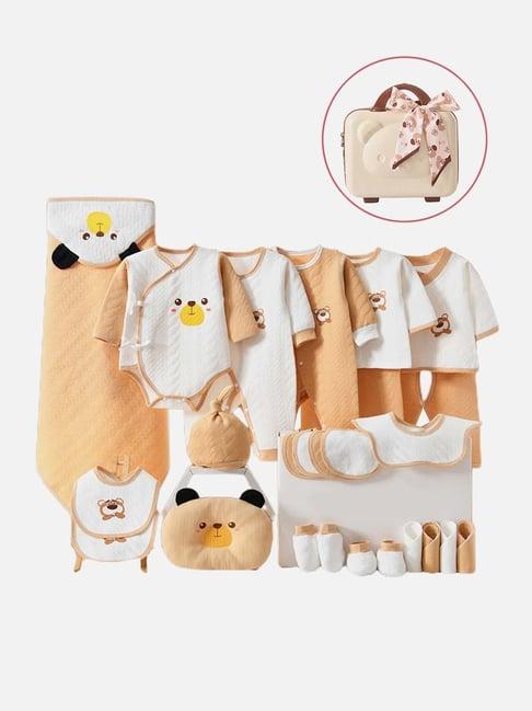 little surprise box kids brown & white cotton printed full sleeves onesie set