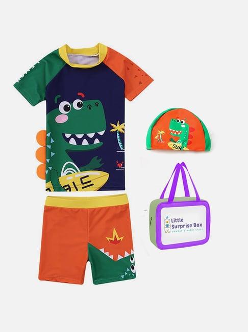 little surprise box kids orange & blue printed t-shirt, shorts, swim cap with swim bag