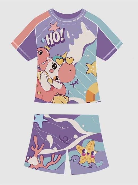 little surprise box kids purple & blue flamingo float unicorn printed t-shirt set