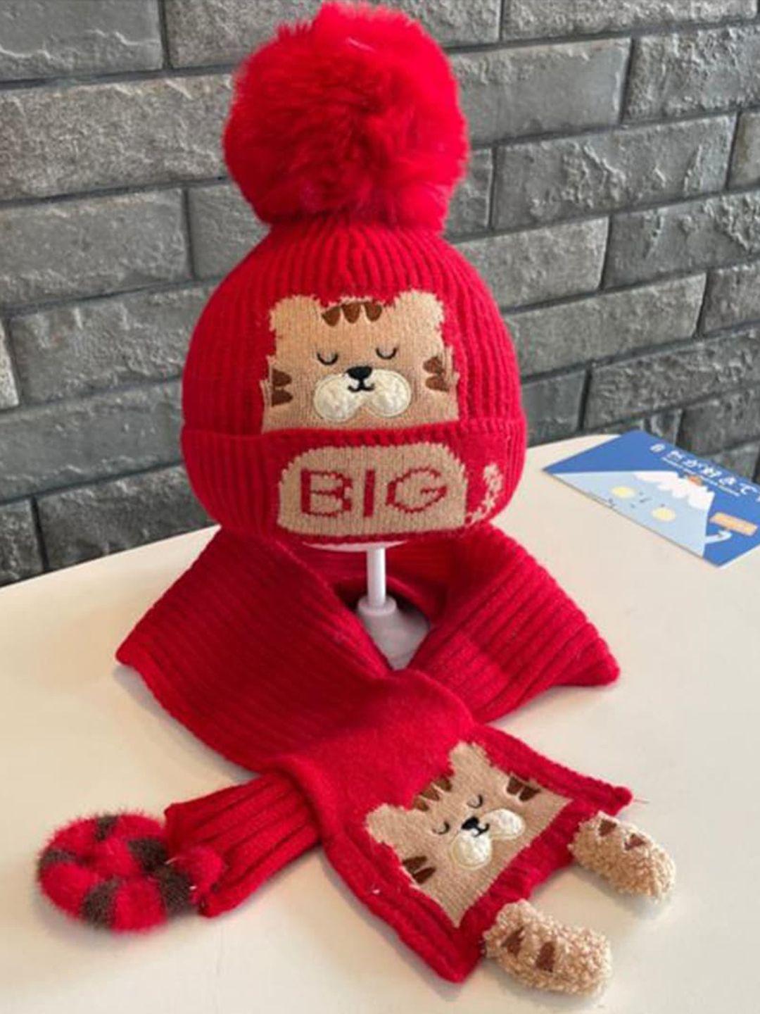 little surprise box llp kids  red bear woven woolen winter cap & muffler