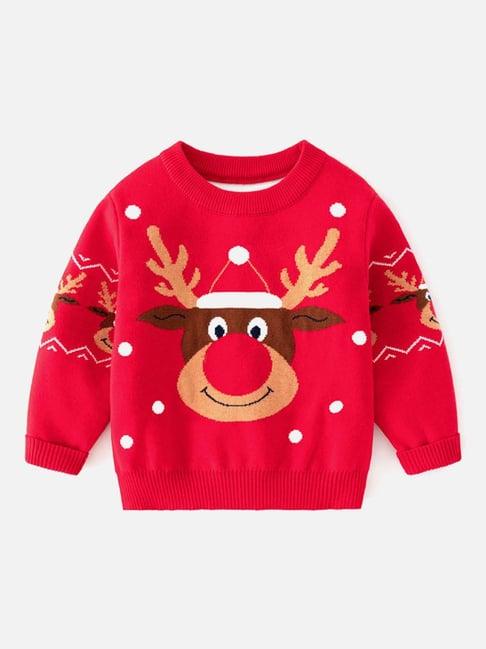 little surprise box snow big reindeer face red printed full sleeves sweater