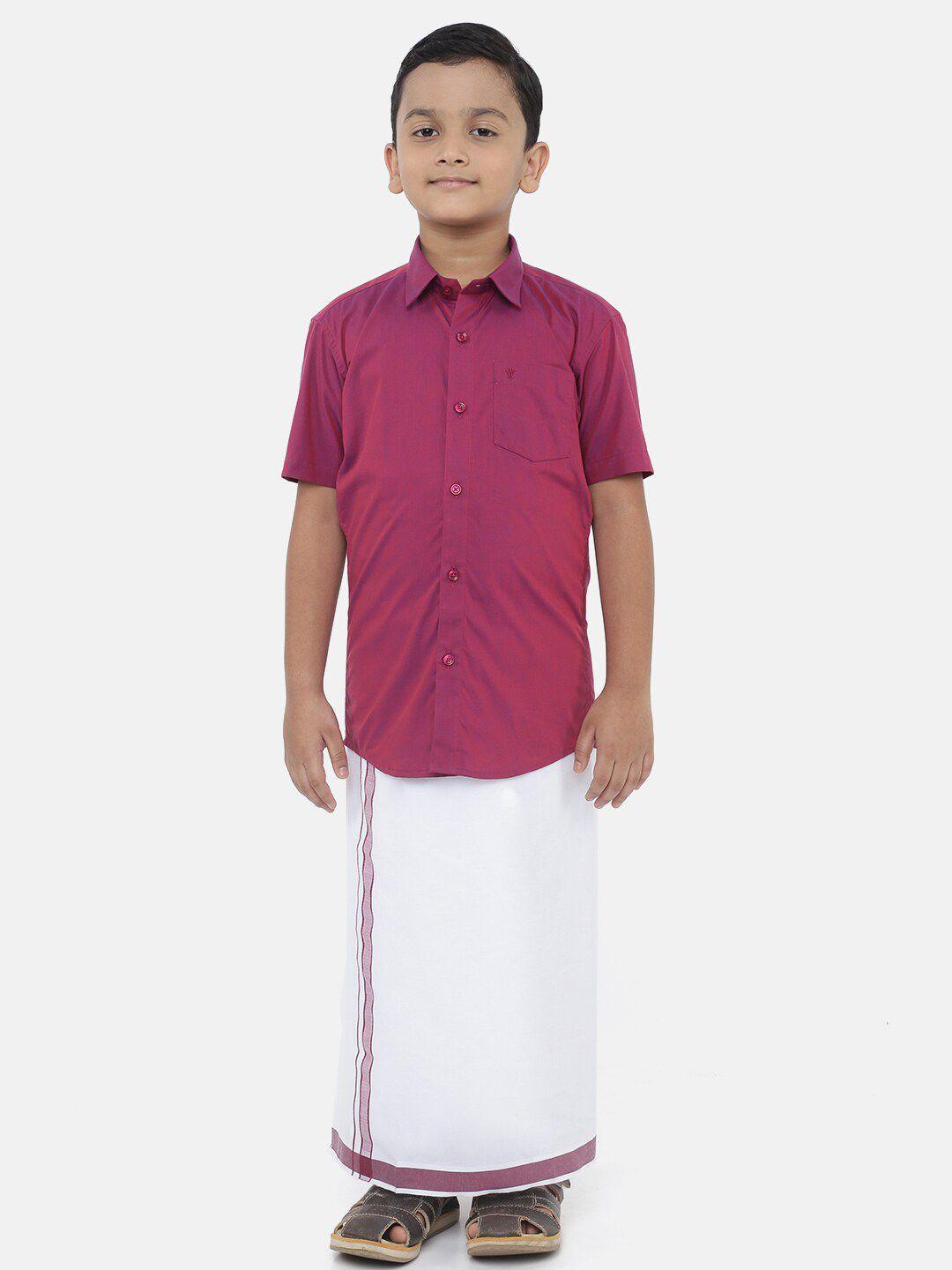 littlestars boys burgundy & white pure cotton shirt with dhoti