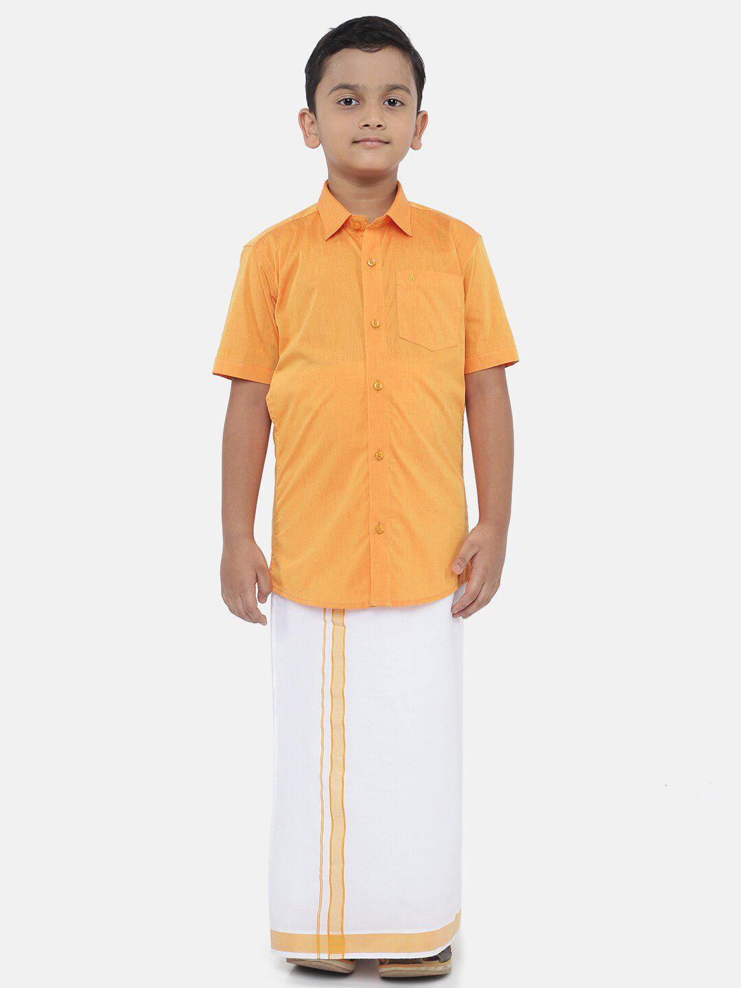 littlestars boys orange & white pure cotton shirt with dhoti