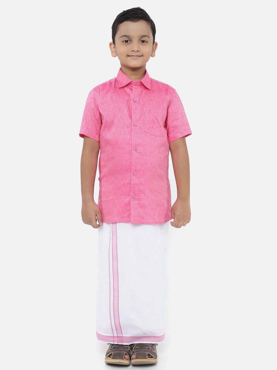 littlestars boys pink & white pure cotton shirt with dhoti