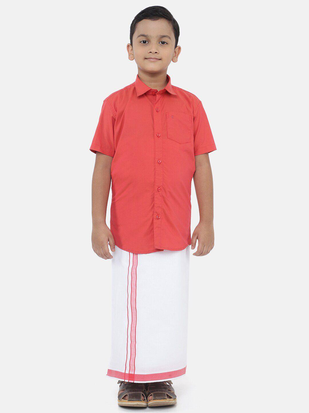 littlestars boys red & white solid pure cotton shirt & dhoti set