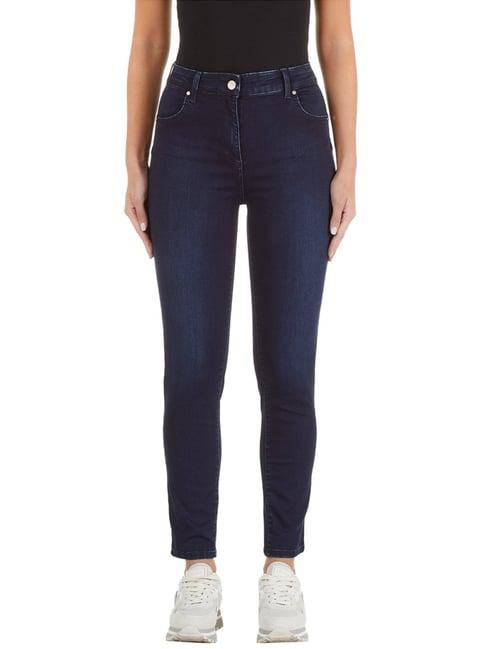 liu jo regular dark blue heavily washed mid rise jeans