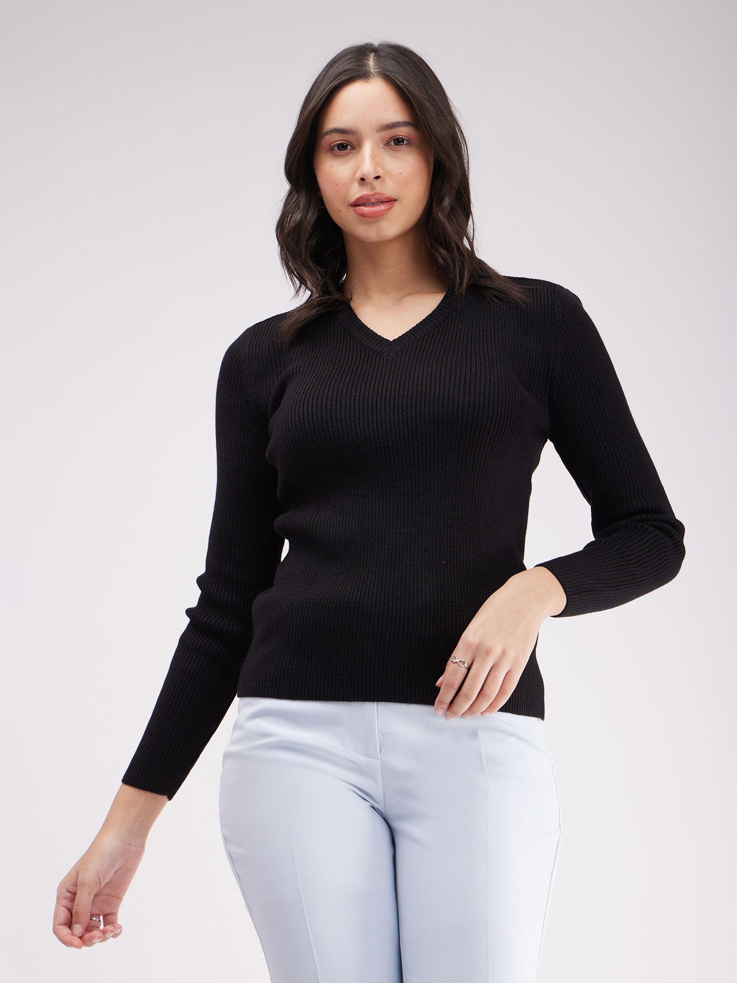 liv soft v neck rib sweater - black