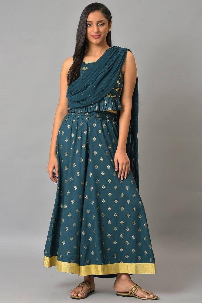 liva blue crop top with attached dupatta and semi flared palazzo set