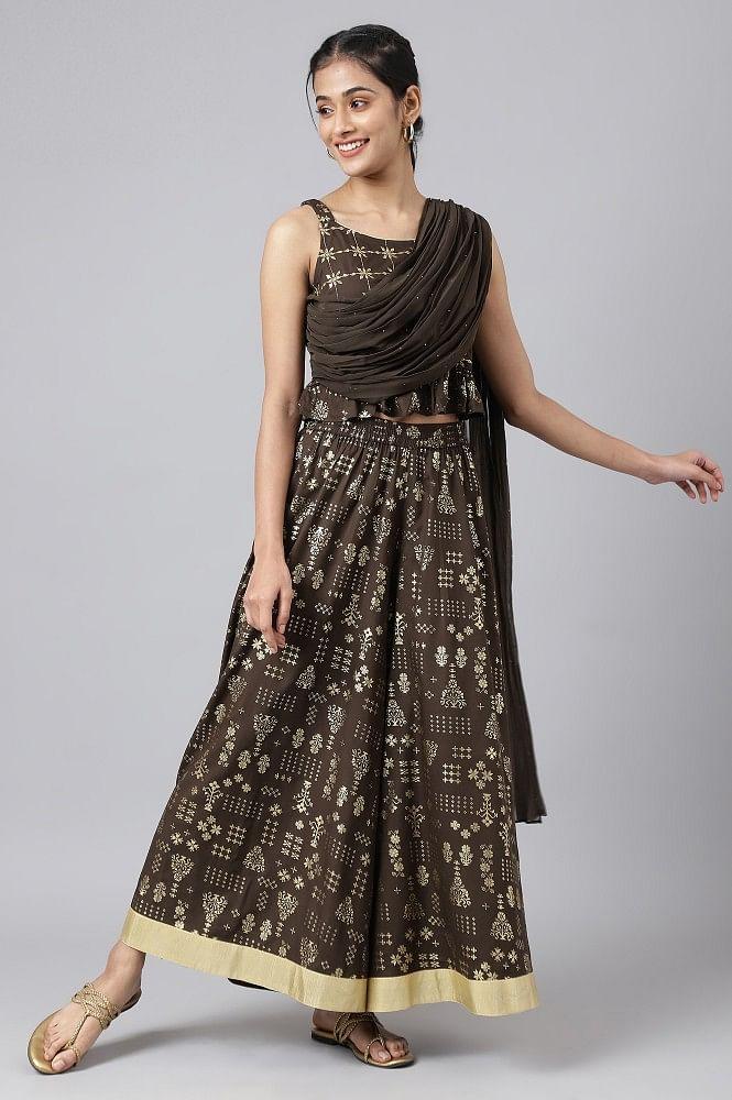 liva brown crop top with attached dupatta and semi flared palazzo set