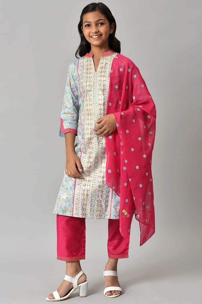 liva girls blue embroidered kurta with pink palazzo and dupatta