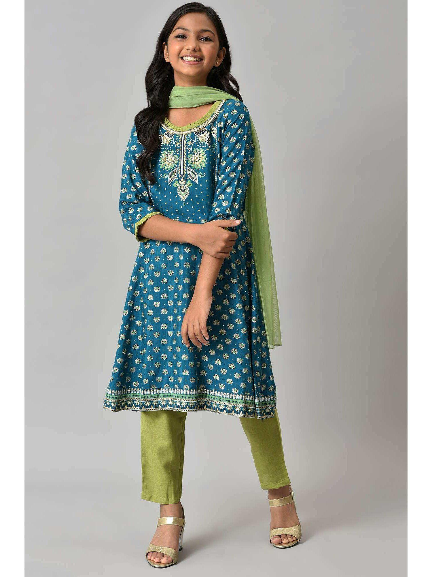 liva girls blue floral printed kurta with green trousers & dupatta (set of 3)