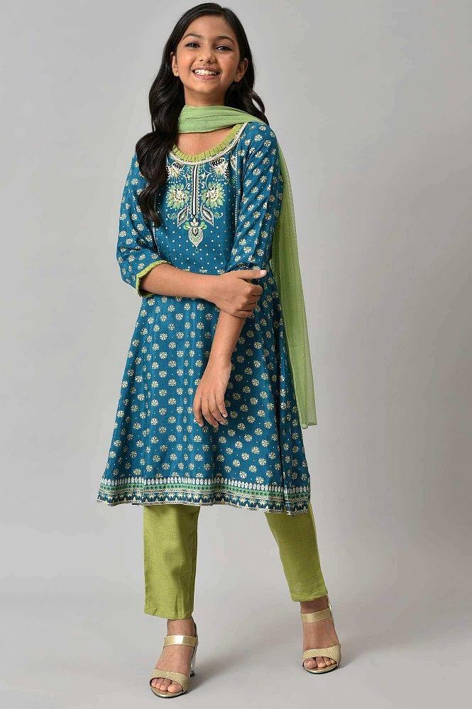 liva girls blue floral printed kurta with green trousers and dupatta