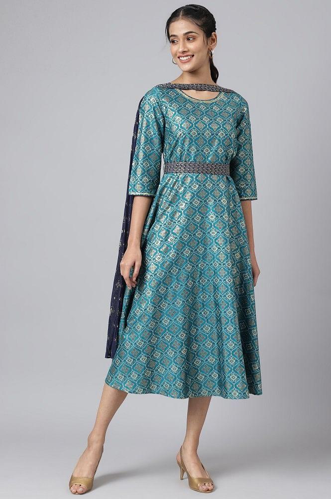 liva green sequined floral print dress with zari embroidered dupatta