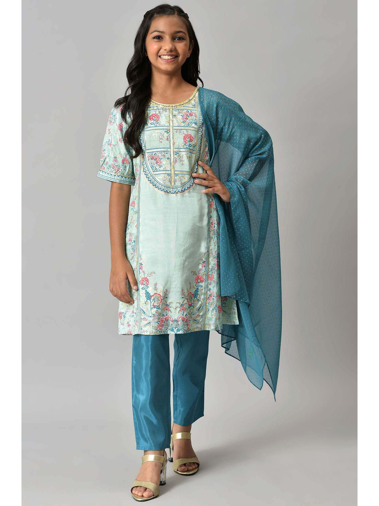 liva lichen blue printed kurta with teal blue trousers and dupatta (set of 3)