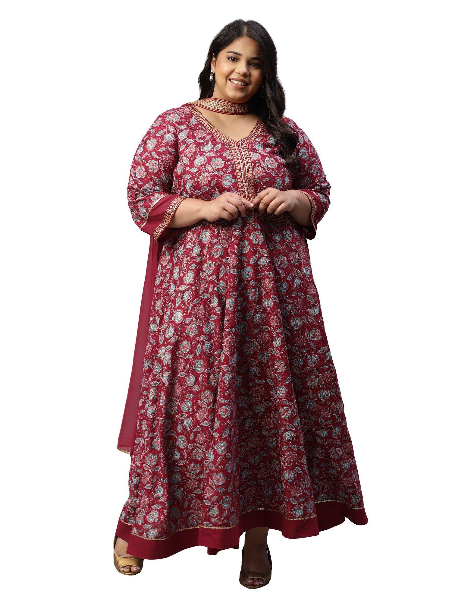 liva maroon floral printed dress with embroidered dupatta (set of 2)