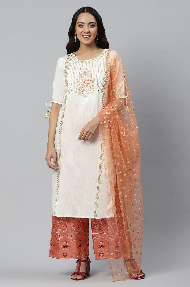 liva off-white sequined kurta with straight palazzo and dupatta