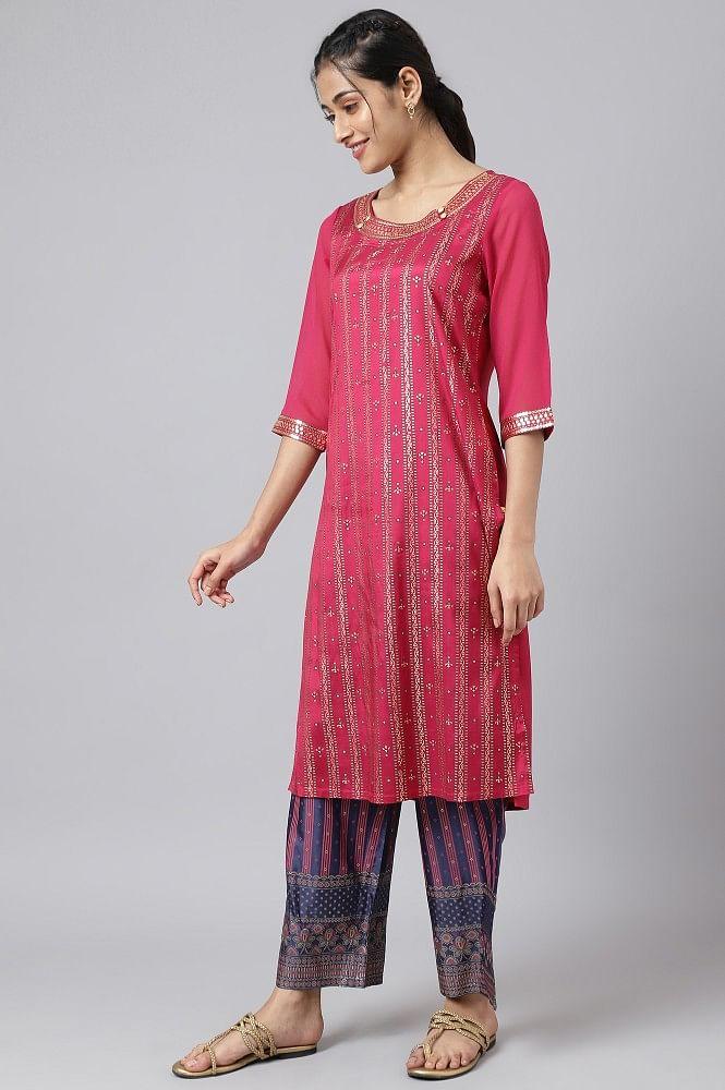liva pink foil printed kurta with blue parallel pants and dupatta