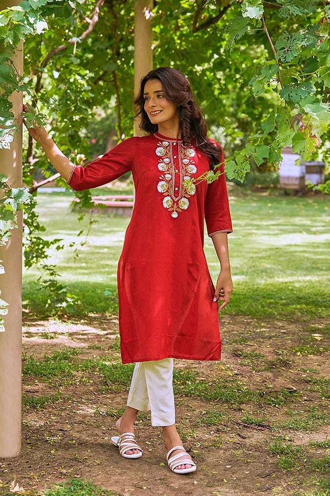 liva red embroidered kurta with beige trouser pants