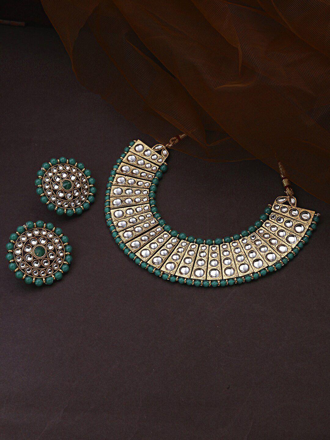 live evil green & gold-toned kundan stone studded jewellery set
