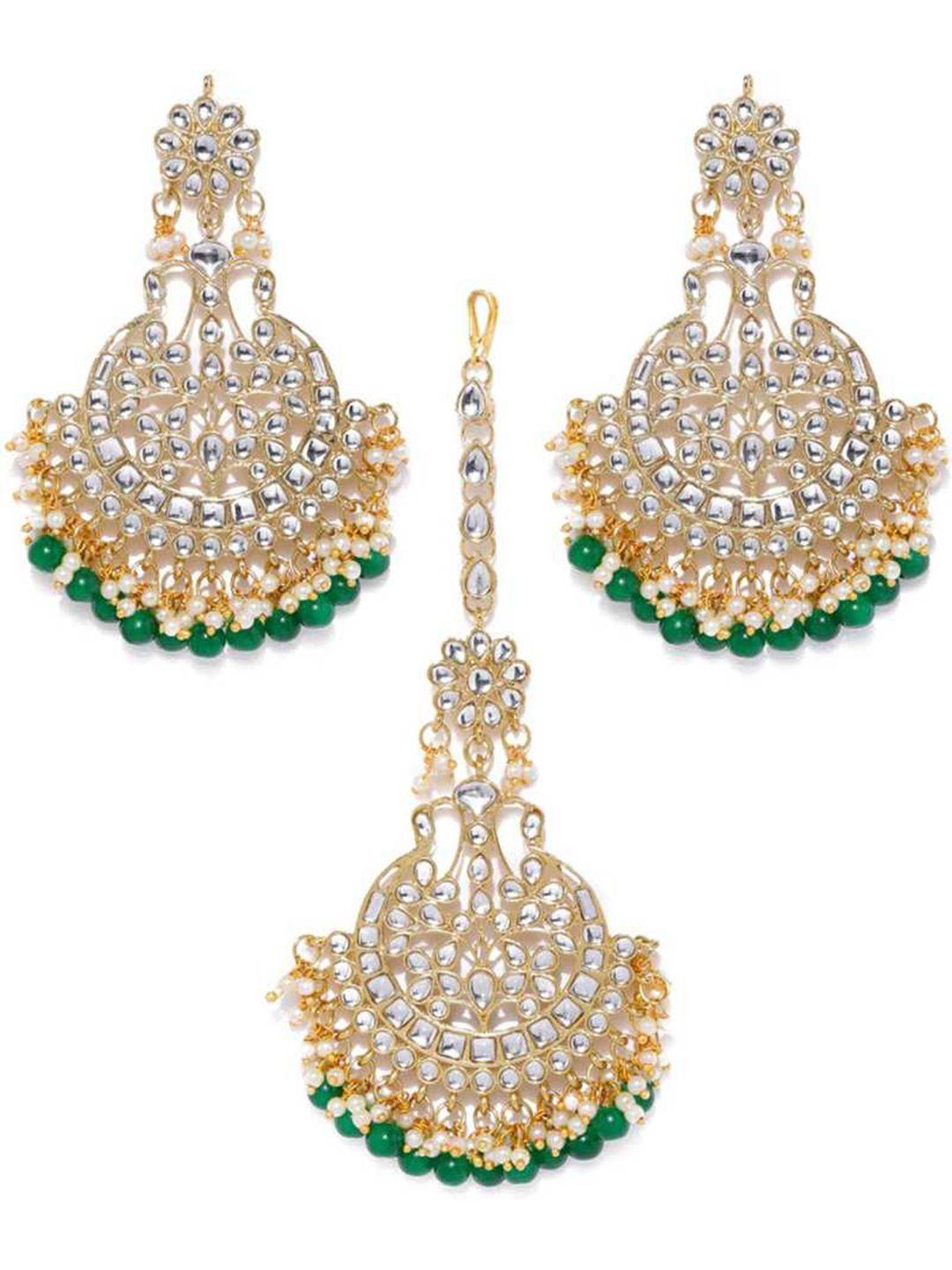 live evil green gold-plated kundan & pearl studded earrings & maang tikka jewellery set