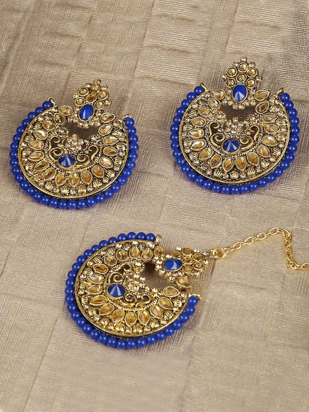 live evil navy blue & gold-toned & plated kundan maang tikka with earrings set